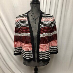 Chicos Cardigan Womens Size Medium 8 Red White Black Striped Open Front Sweater